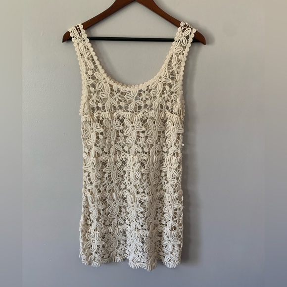 Solitaire Cream Crochet Boho Cottage Swim Coverup Sheer Dress Cotton Medium - Picture 2 of 8